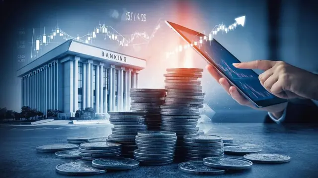 Bank building with market charts and digital banking on a tablet