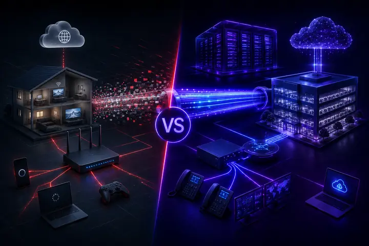 Split illustration comparing congested home broadband with a dedicated enterprise leased line
