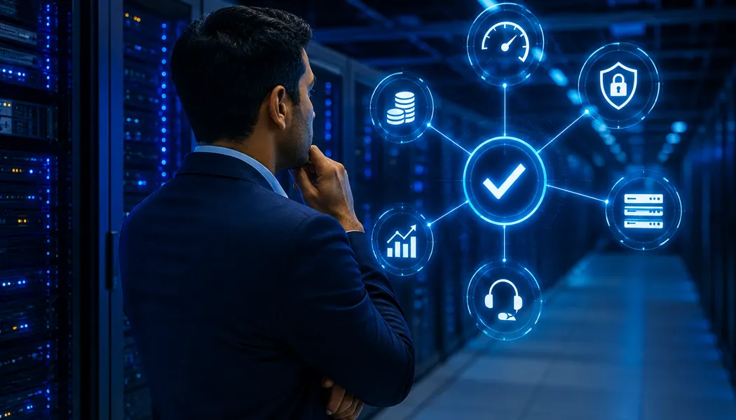 Business decision maker weighing a shared broadband path against a dedicated enterprise fiber path