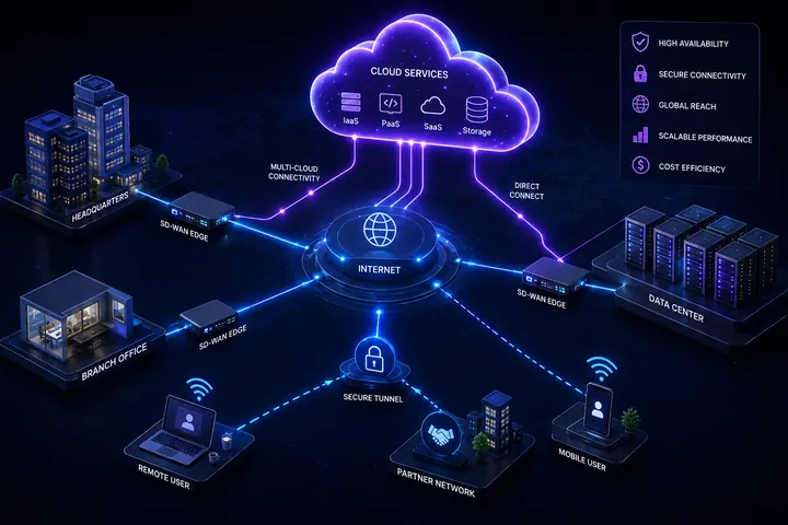 Isometric cloud connectivity architecture: headquarters, branch office and data centre reaching IaaS, PaaS, SaaS and storage over multi-cloud connectivity and direct connect, with remote and mobile users on secure tunnels