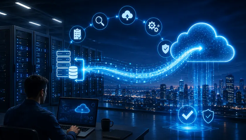 Cloud migration planning dashboard showing workload assessment, migration waves, dependencies and cutover status across enterprise applications.