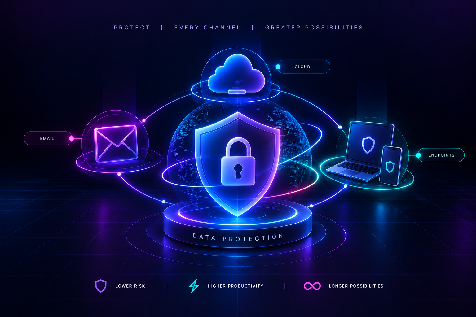 Data protection whitepaper cover showing cloud, email and endpoint channels secured by a central data protection layer