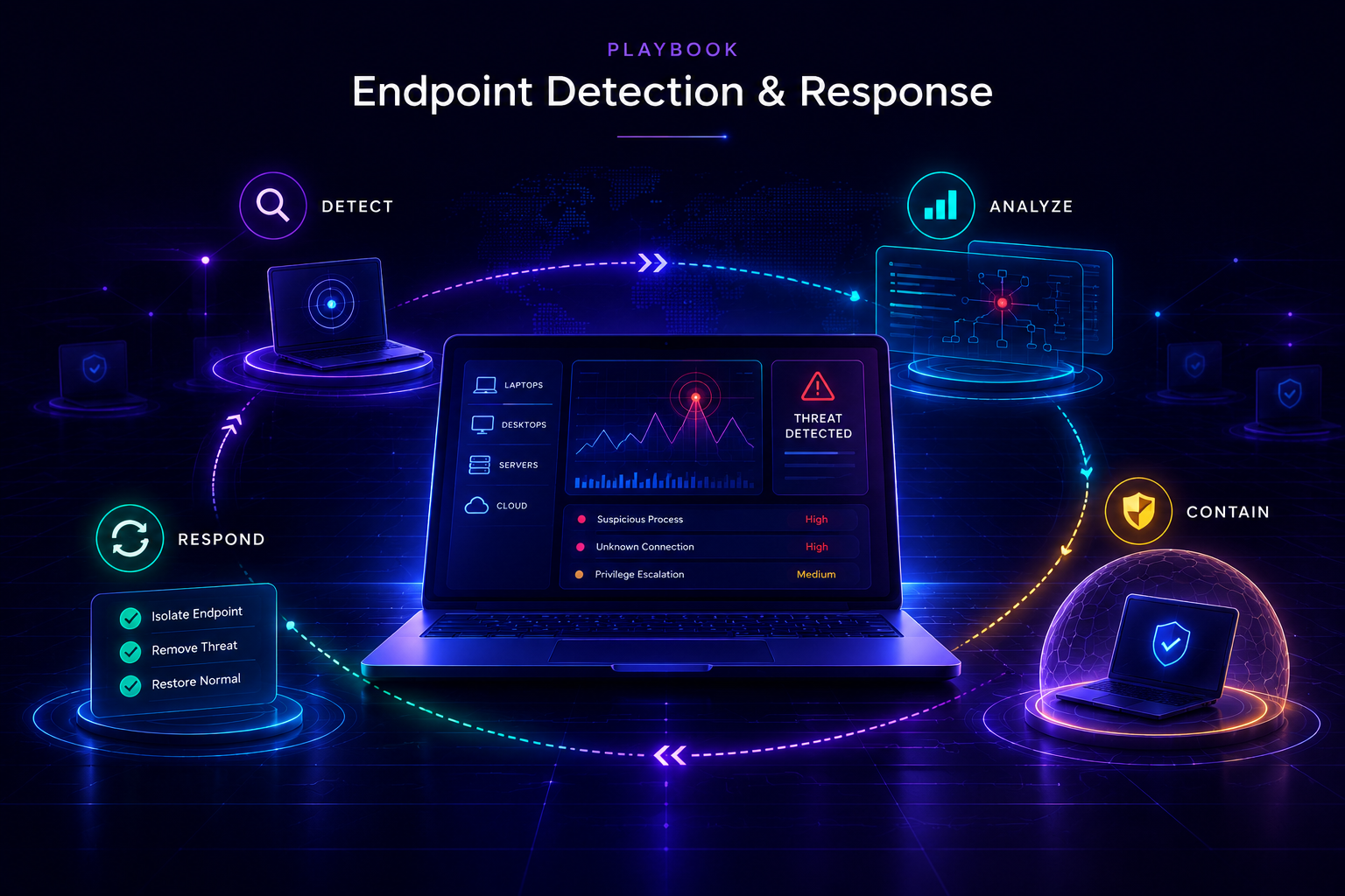 Endpoint Detection and Response playbook cover: an EDR console flagging a detected threat, with the detect, analyze, contain and respond cycle around it