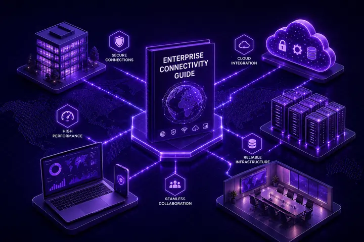 Enterprise Connectivity Guide cover at the centre of an isometric network linking an office building, cloud platform, data centre, boardroom and user devices