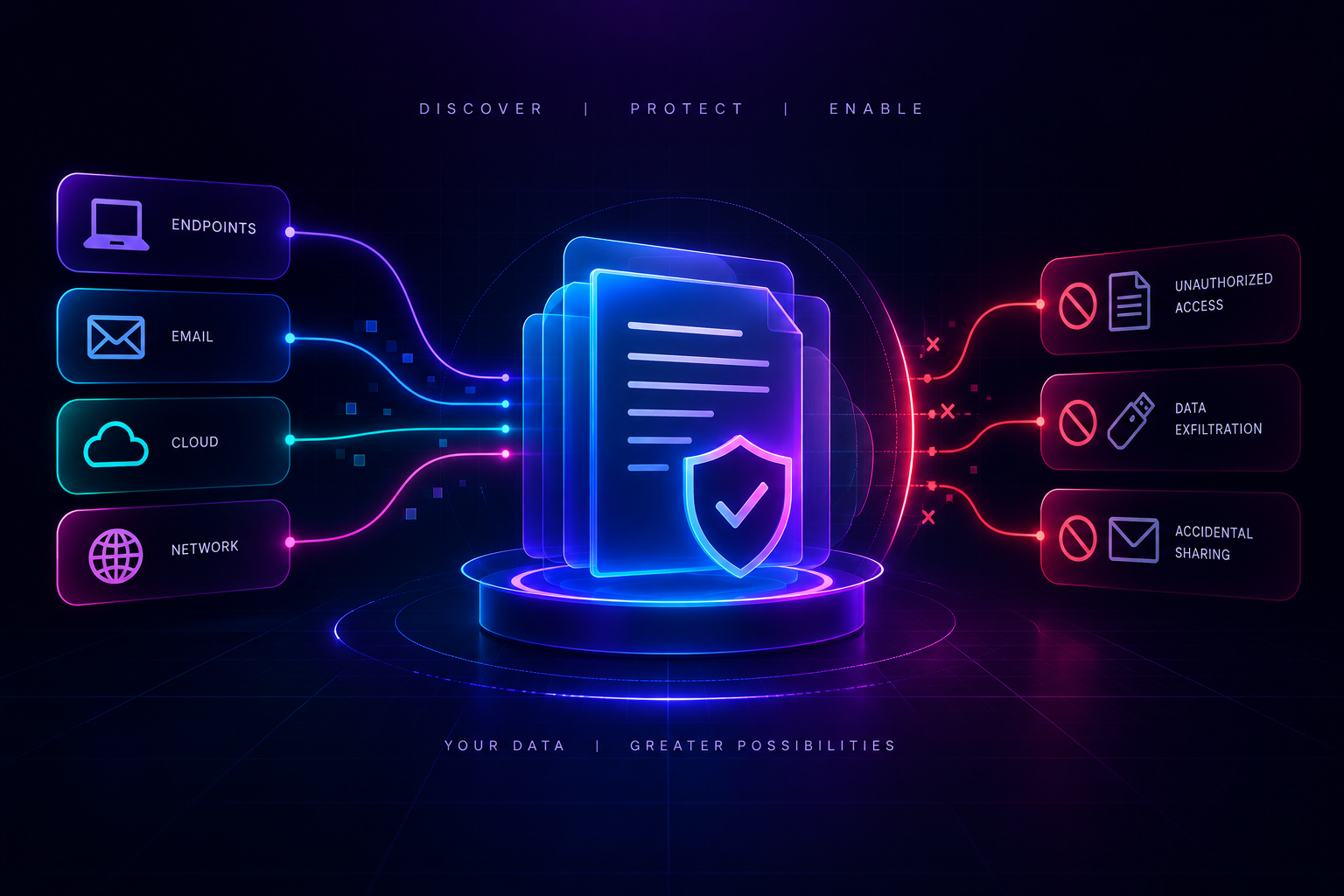 Enterprise Data Loss Prevention guide cover showing endpoint, email, cloud and network data flowing into a protected document