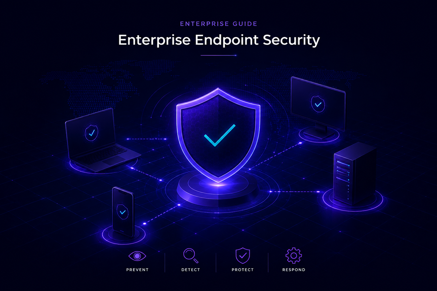 Enterprise Endpoint Security guide cover: a laptop, desktop, mobile device and server linked to a central protection shield across prevent, detect, protect and respond