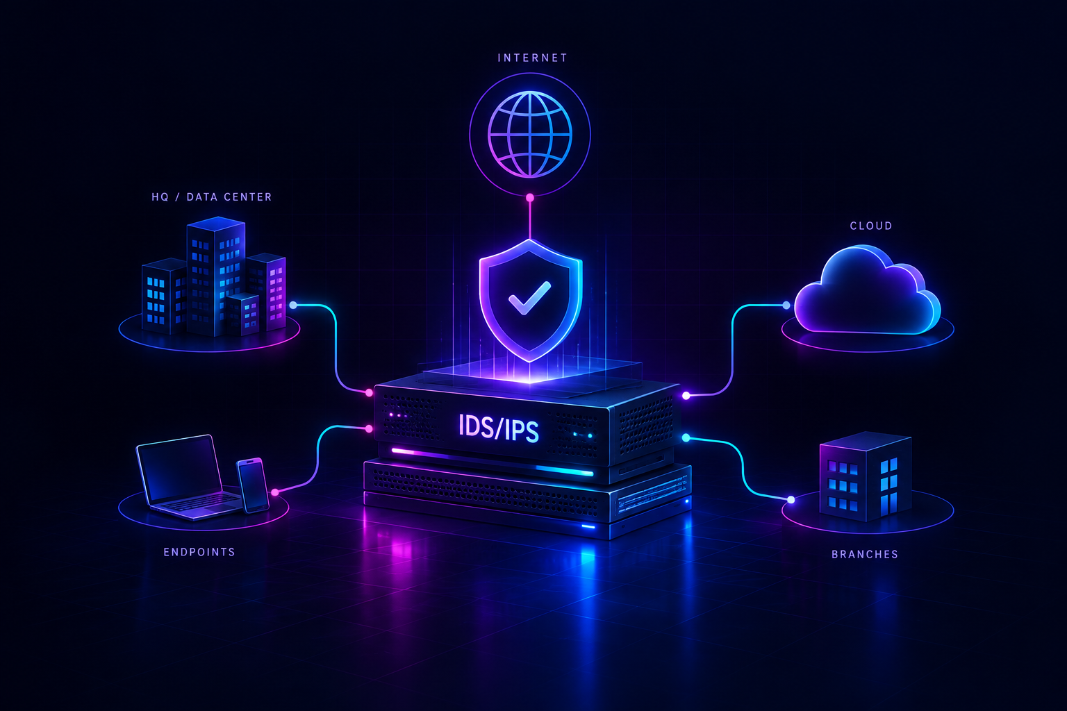 Isometric IDS/IPS appliance connecting internet, HQ, cloud and branch sites