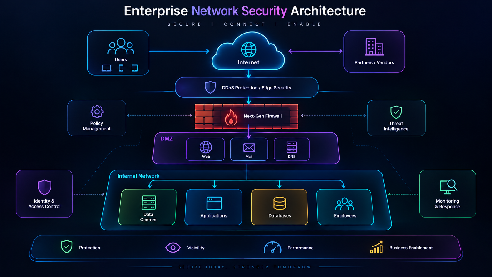 Enterprise network security architecture guide cover showing users and partners reaching the internet through edge security, a next-generation firewall, a DMZ and a segmented internal network
