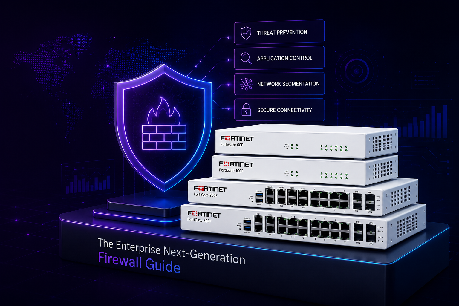 Cover of the Enterprise Next-Generation Firewall Guide: a glowing firewall shield beside a stack of FortiGate NGFW appliances with capability callouts