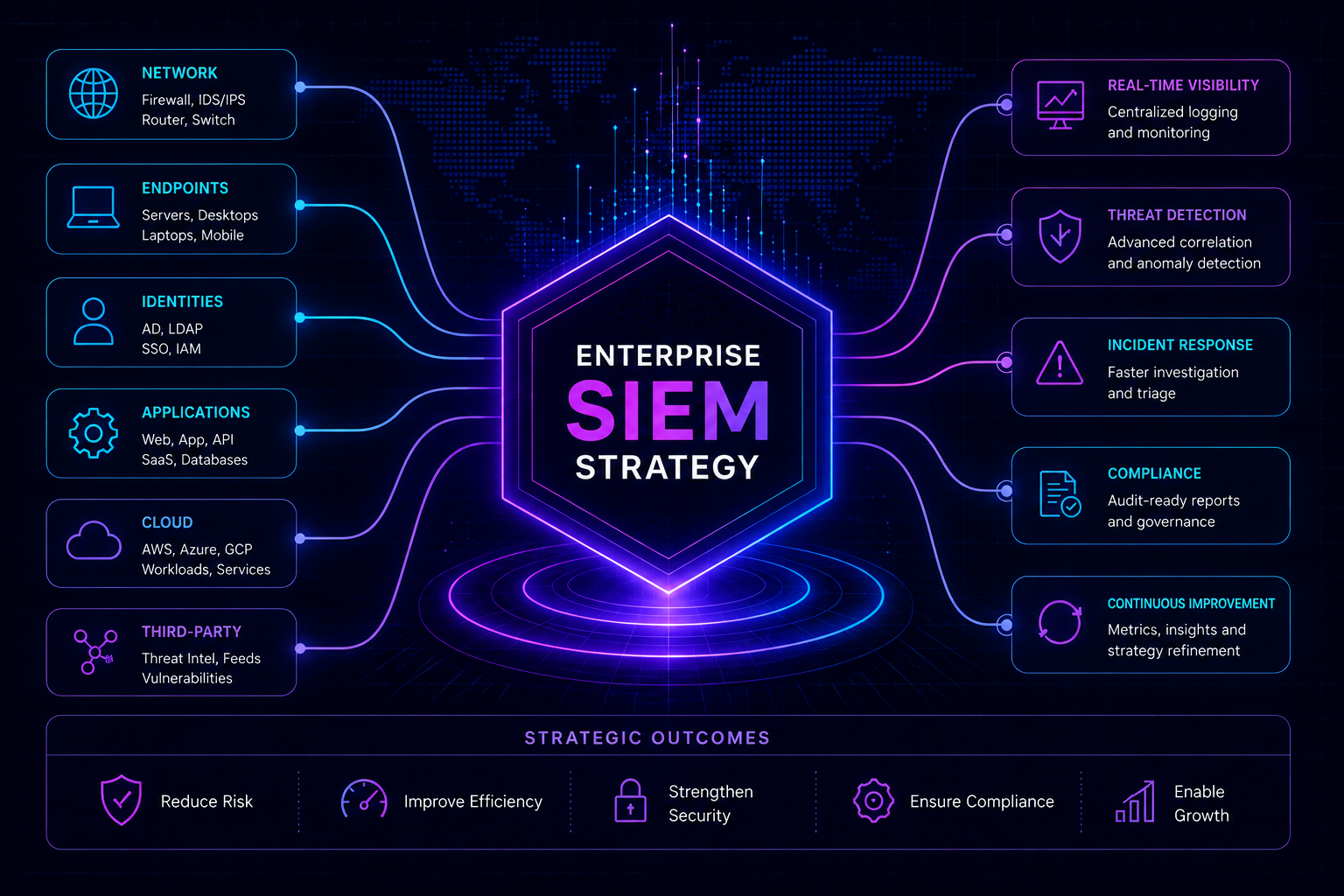 Enterprise SIEM Strategy guide: network, endpoint, identity, application, cloud and third-party log sources feeding a central SIEM that delivers real-time visibility, threat detection, incident response, compliance and continuous improvement