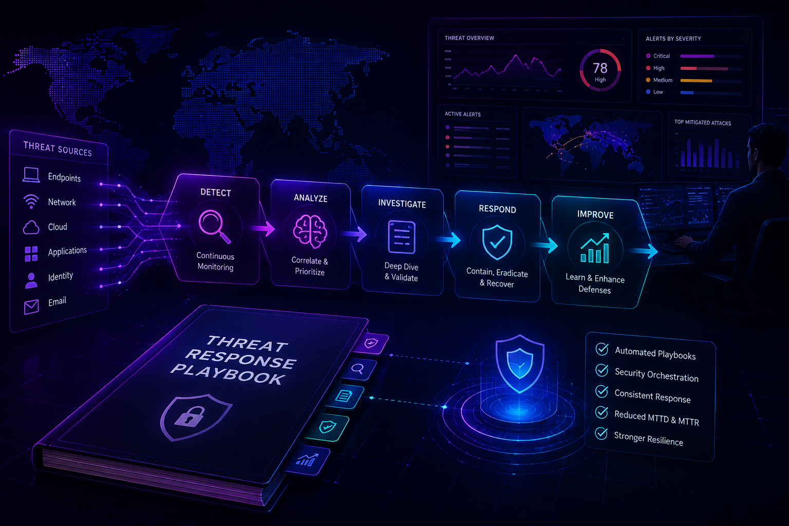 Threat response playbook with a detect, analyse, investigate, respond and improve workflow