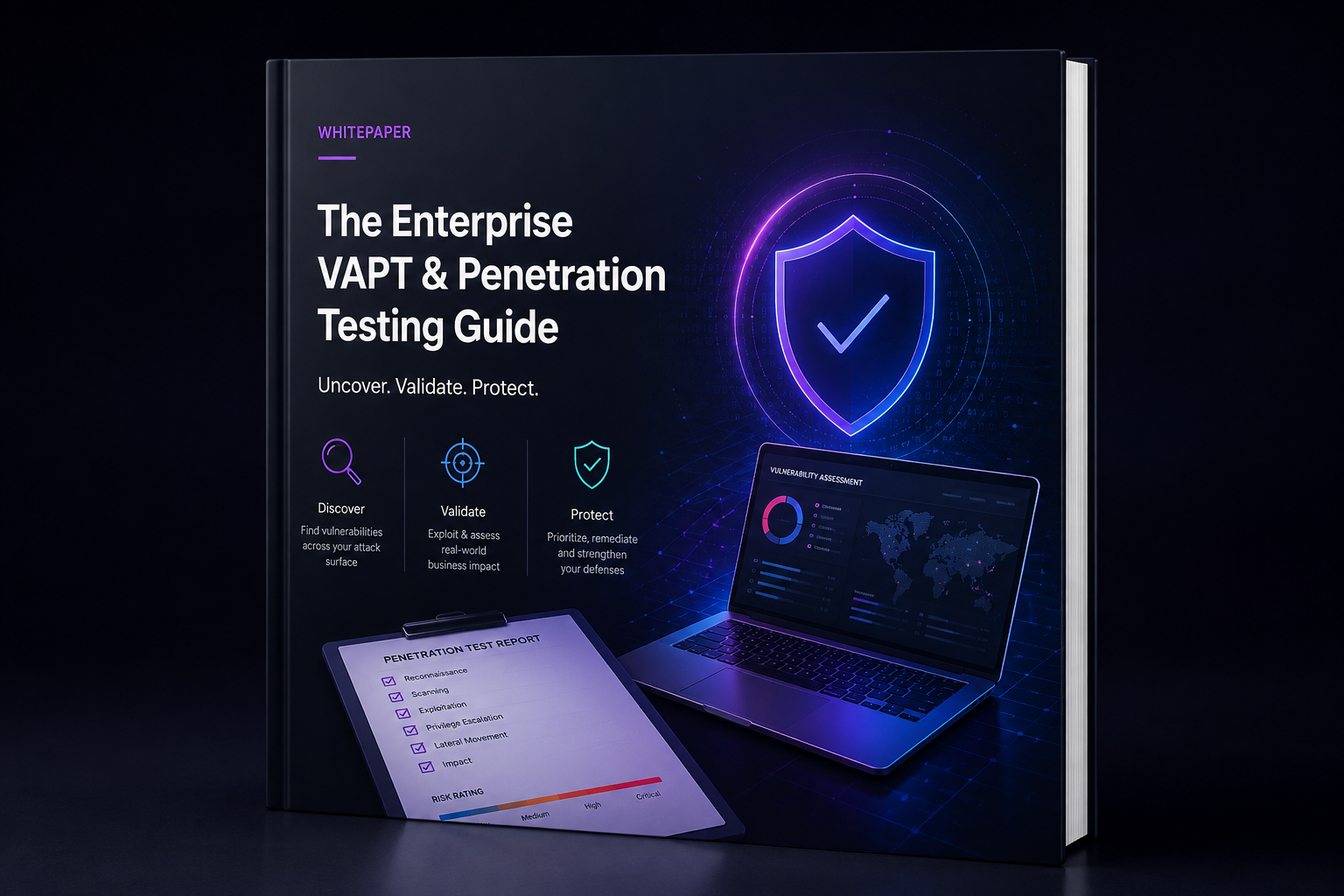 Cover of The Enterprise VAPT and Penetration Testing Guide showing a glowing shield, a vulnerability assessment dashboard and a penetration test report checklist
