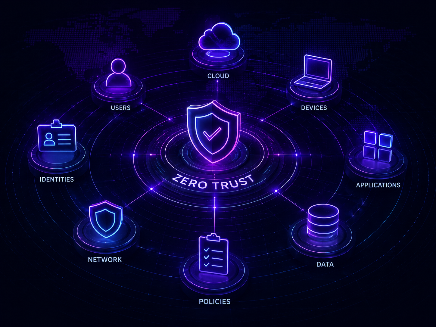 Enterprise Zero Trust Architecture guide cover: a central Zero Trust shield linked to users, cloud, devices, applications, data, policies, network and identities