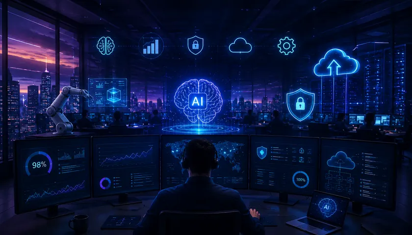 Illustration of an enterprise technology environment run by AI-driven managed IT operations: monitoring, automation, cloud, endpoints and infrastructure under one operating model.