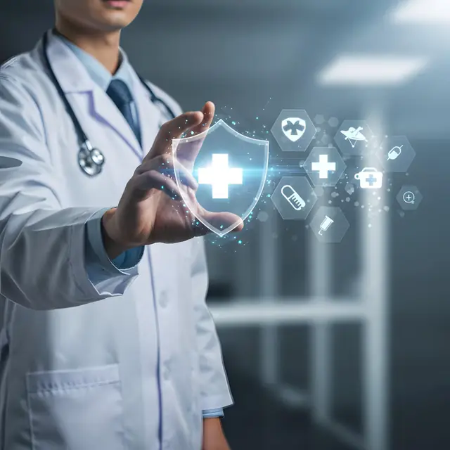 Doctor holding a glowing digital shield with connected healthcare icons