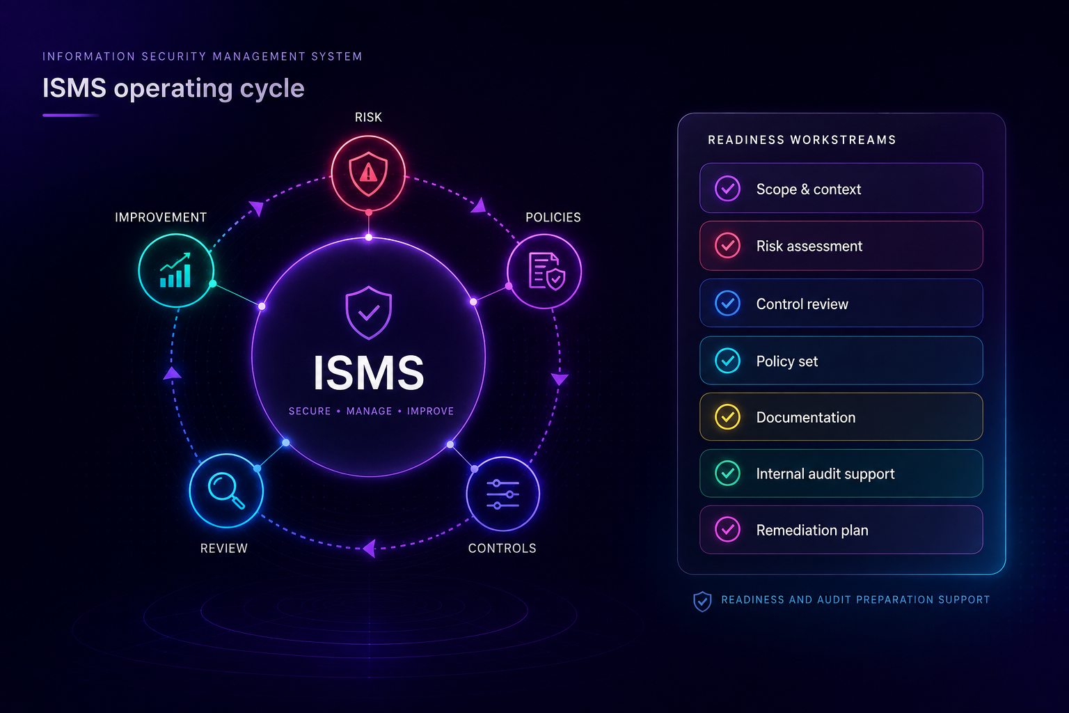 ISO/IEC 27001 ISMS operating cycle diagram showing risk, policies, controls, review and improvement alongside readiness workstreams