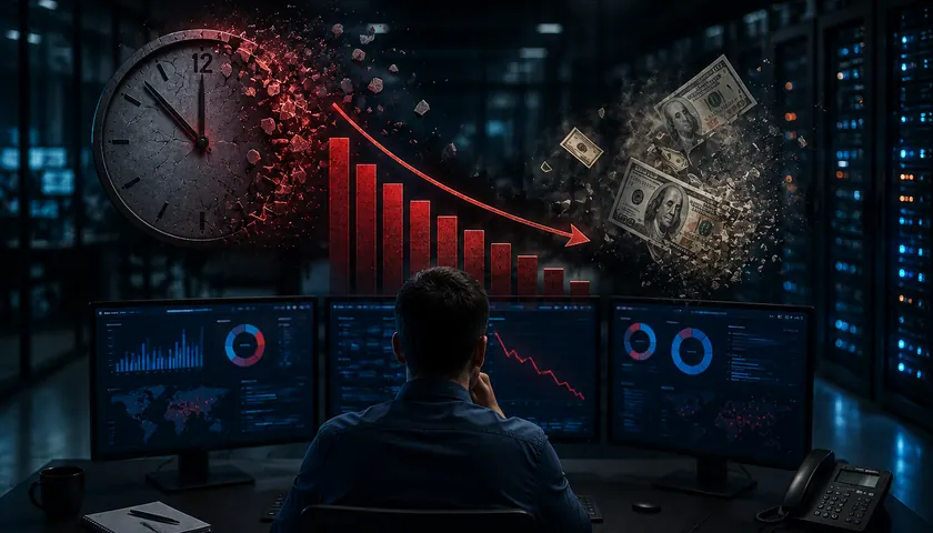 A Cylentrix operations centre wall showing infrastructure health dashboards: uptime, incident trends and the measured cost of unplanned IT downtime.