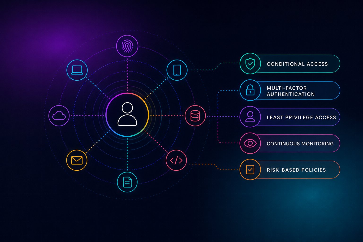 Identity-centric security guide cover: a user identity at the centre of device, cloud, data and application signals feeding conditional access, MFA, least privilege and risk-based policies