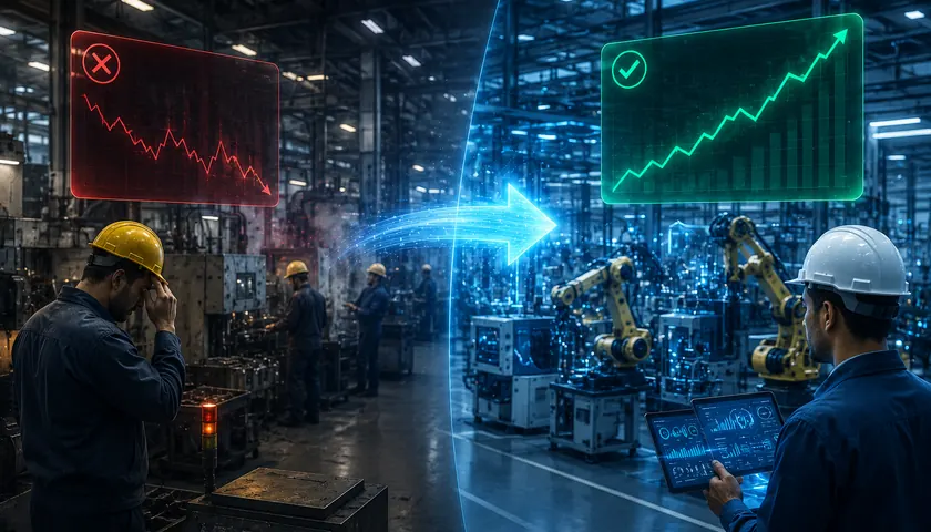 A manufacturing plant floor supported by proactive IT monitoring and maintenance, with production uptime tracked against downtime targets.
