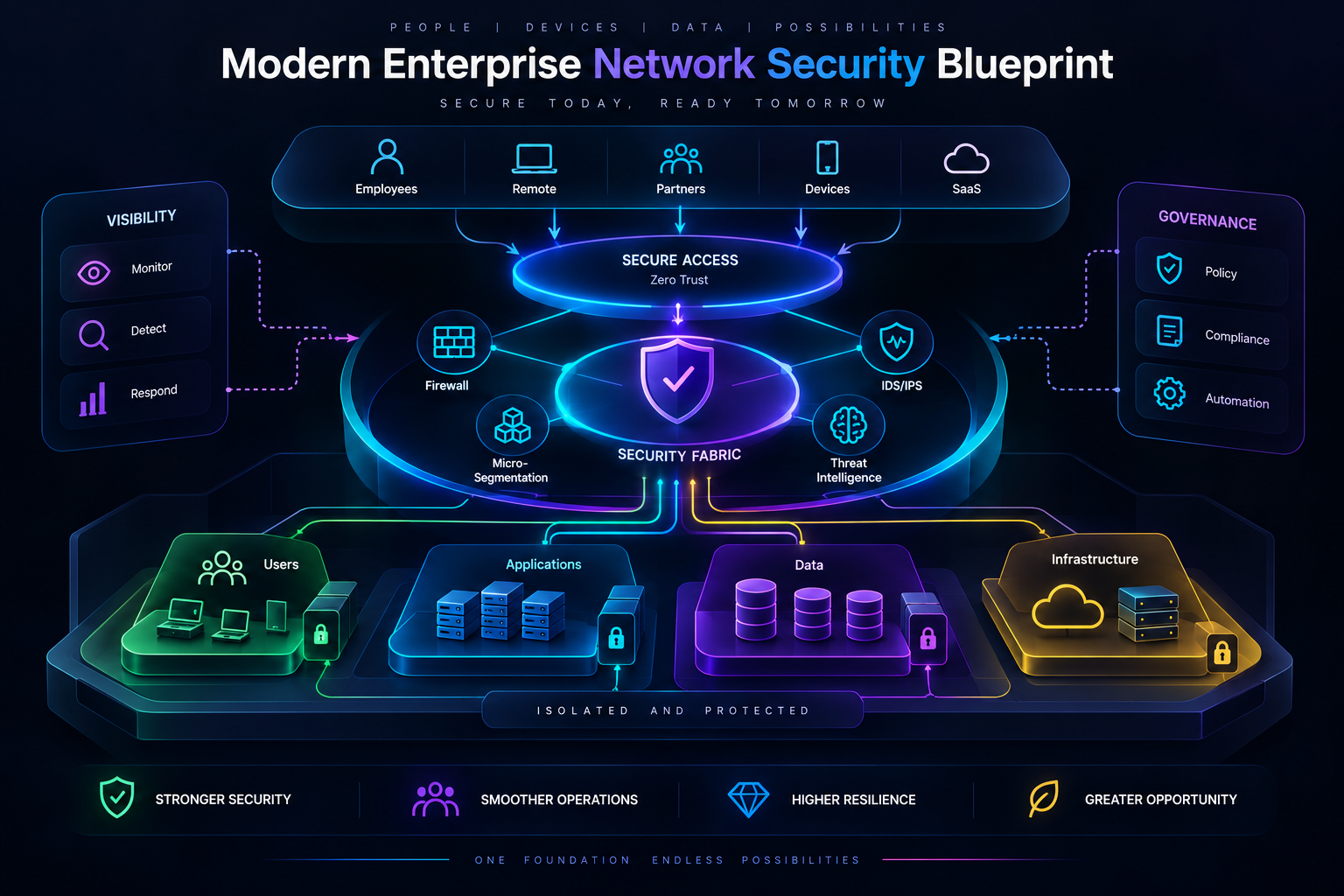 Modern enterprise network security blueprint cover showing secure access and a security fabric of firewall, micro-segmentation, IDS/IPS and threat intelligence protecting users, applications, data and infrastructure