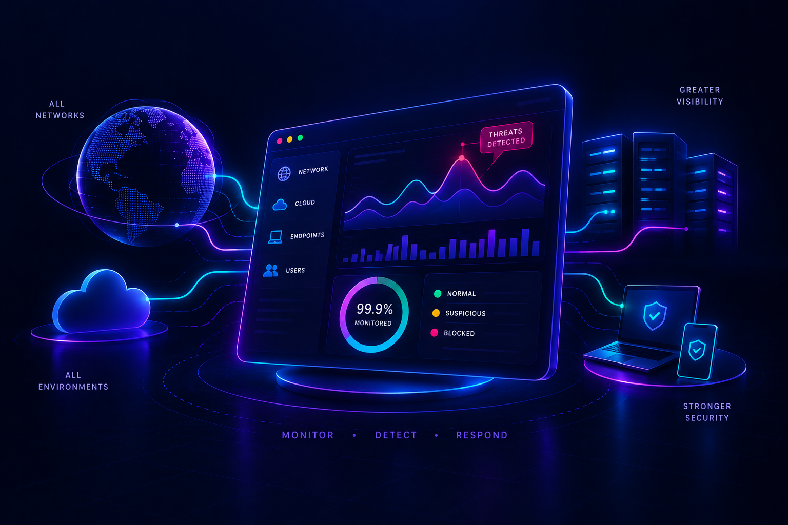 Network security monitoring dashboard showing traffic, alerts and coverage