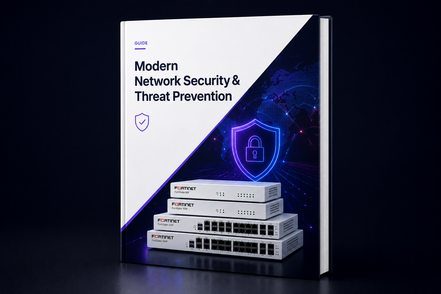 Cover of the Modern Network Security and Threat Prevention guide: a hardcover book with a padlock shield over a global network and firewall appliances
