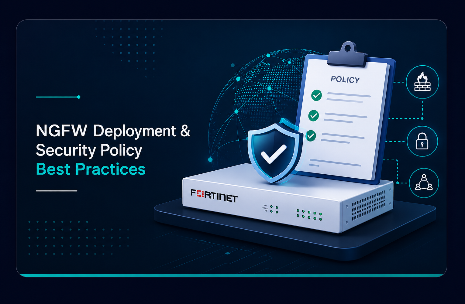 Cover of NGFW Deployment and Security Policy Best Practices: a security policy checklist and verified shield above a firewall appliance
