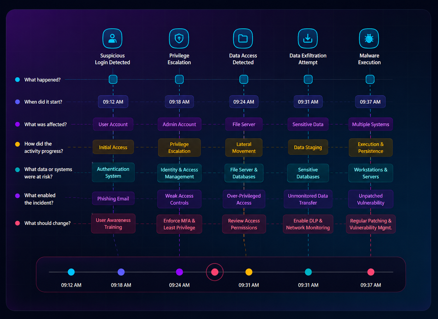 Incident timeline reconstruction: suspicious login, privilege escalation, data access, exfiltration attempt and malware execution mapped against what happened, what was affected, what enabled the incident and what should change