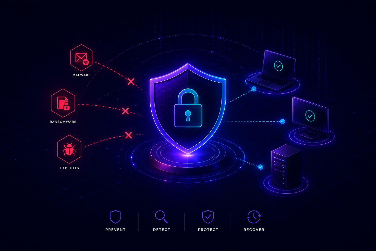 Ransomware Defense and Endpoint Protection guide cover: a shield blocking malware, ransomware and exploits while laptops, desktops and servers stay protected