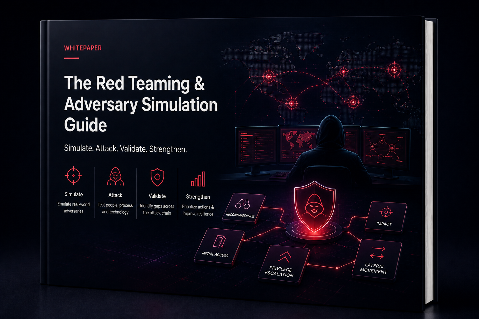 Cover of The Red Teaming and Adversary Simulation Guide showing an adversary simulation attack chain from reconnaissance to impact around a red shield