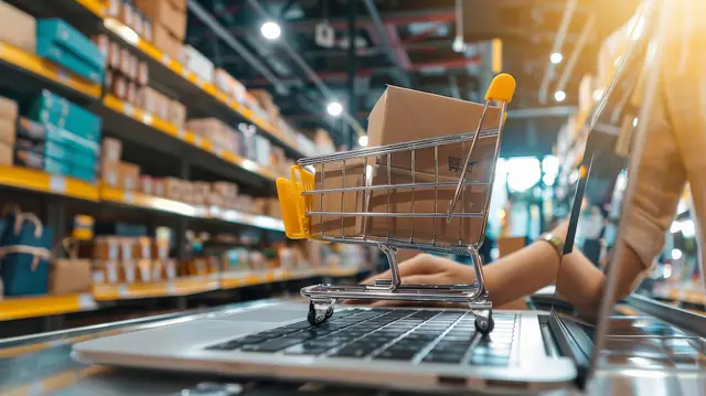 Online store order processing with a shopping cart on a laptop in a warehouse