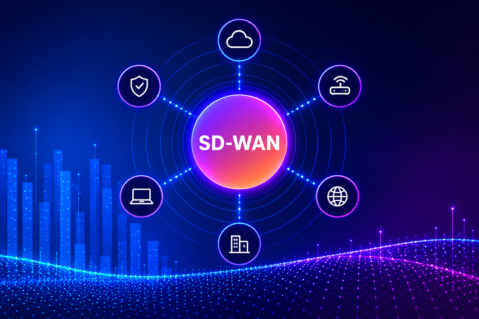 SD-WAN and SASE cover showing sites and users layered over an SD-WAN fabric and a SASE policy plane