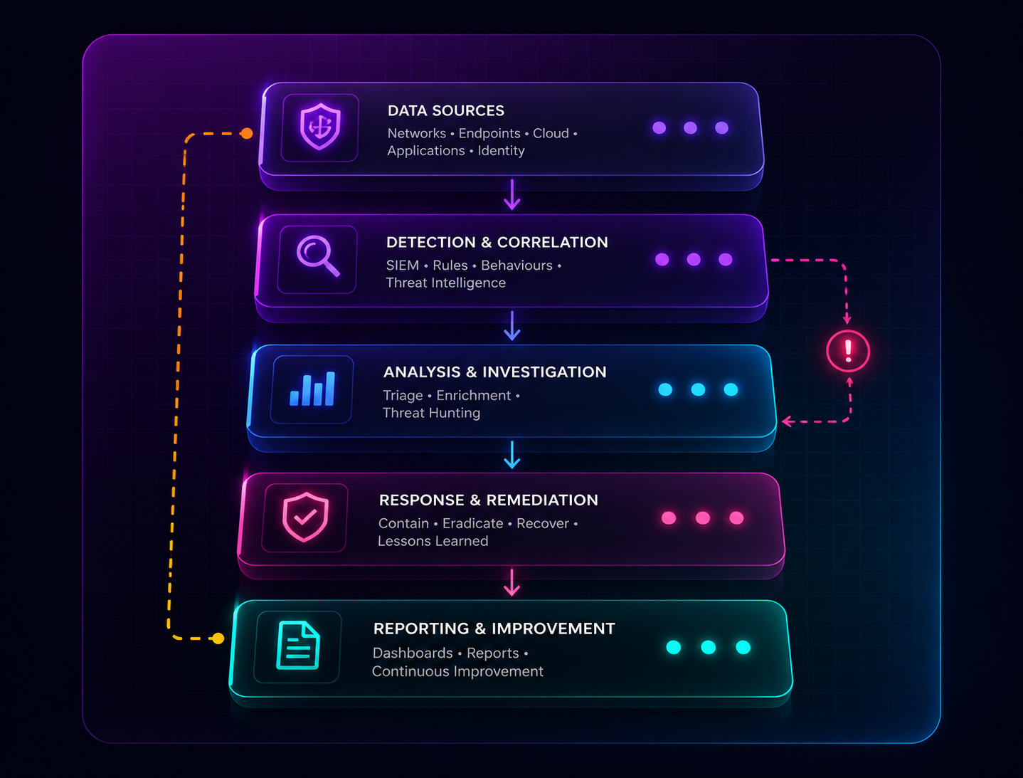Managed SOC operating model: data sources, detection and correlation, analysis and investigation, response and remediation, reporting and improvement
