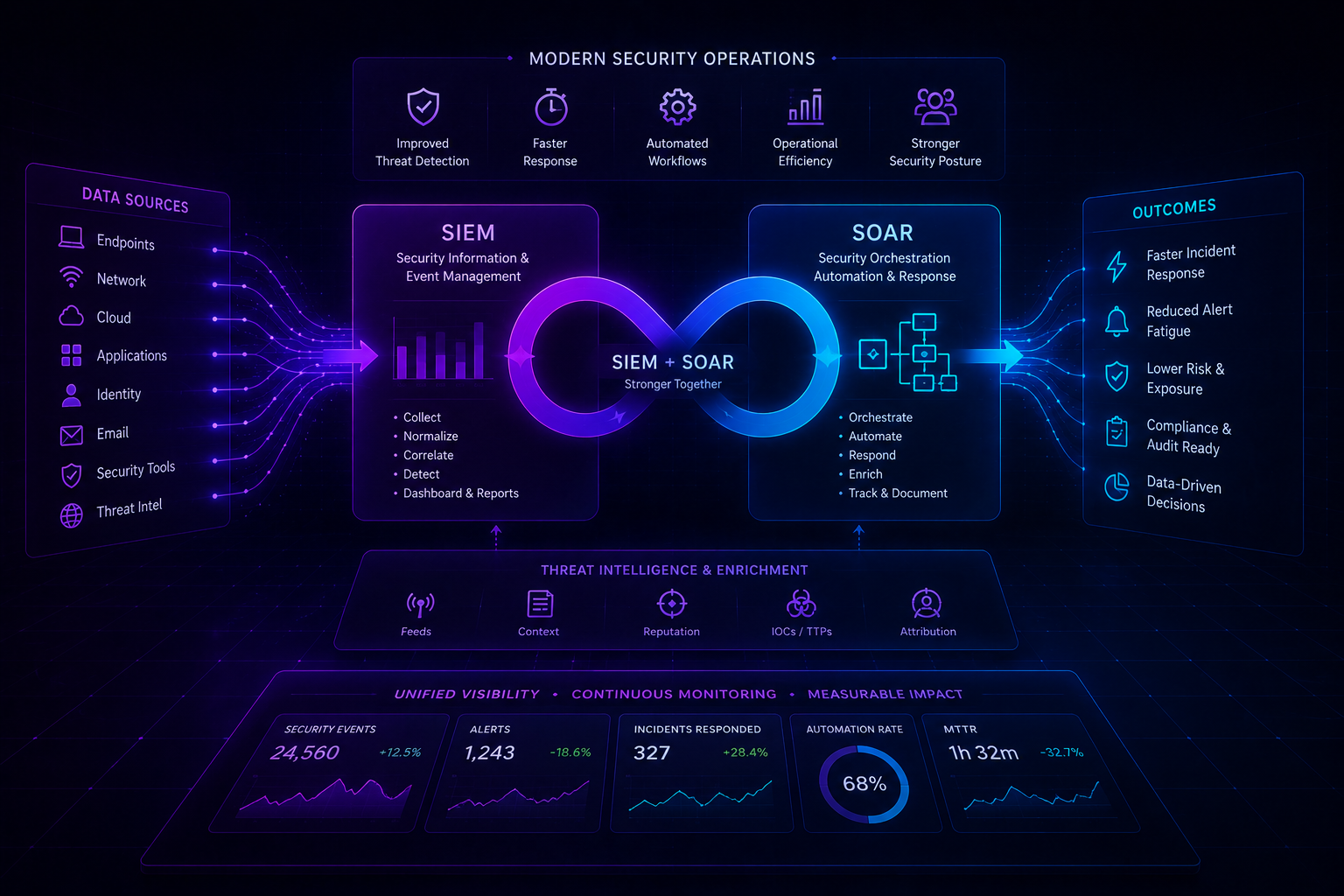 SIEM and SOAR working as one loop, from security data sources through enrichment to measurable outcomes