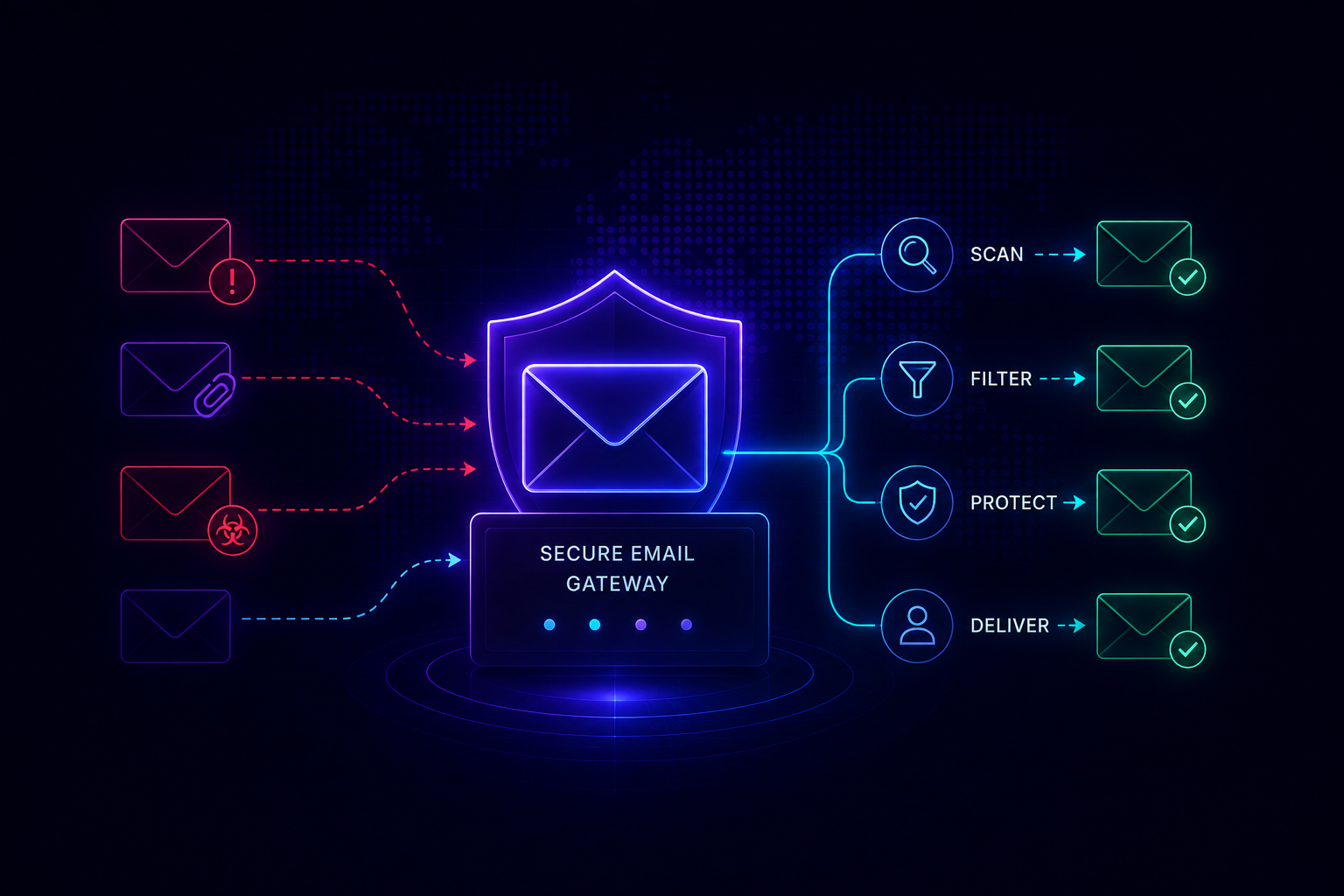 Secure Email Gateway and Email Threat Protection Guide cover beside a gateway inspecting messages and splitting them into delivered and blocked