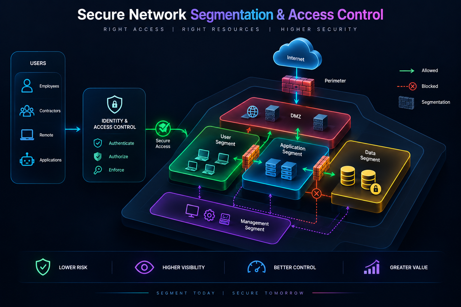 Secure network segmentation and access control guide cover showing identity and access control governing allowed and blocked paths between user, application, data, management and DMZ segments