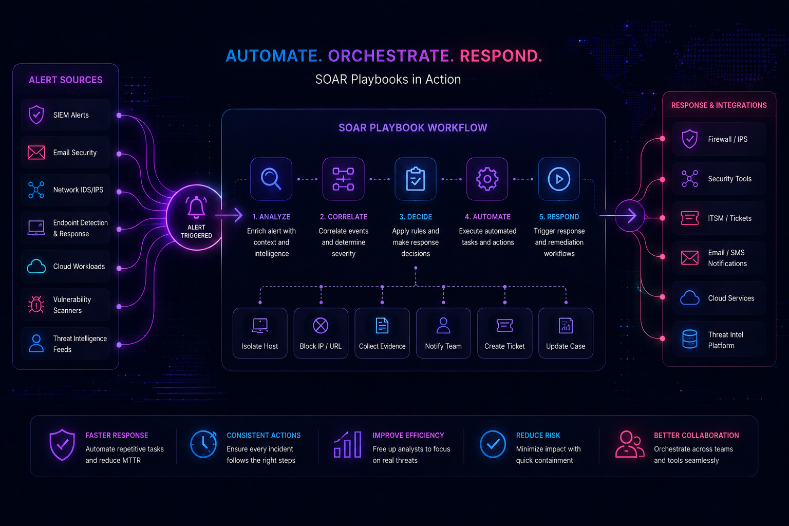 SOAR playbook workflow: alert sources trigger an analyse, correlate, decide, automate and respond sequence that executes containment actions and updates firewalls, security tools, ITSM tickets and threat intelligence platforms