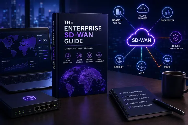 The Enterprise SD-WAN Guide cover on a desk beside an SD-WAN edge appliance and a diagram linking branch office, cloud services, data centre, internet, MPLS and users to a central SD-WAN cloud