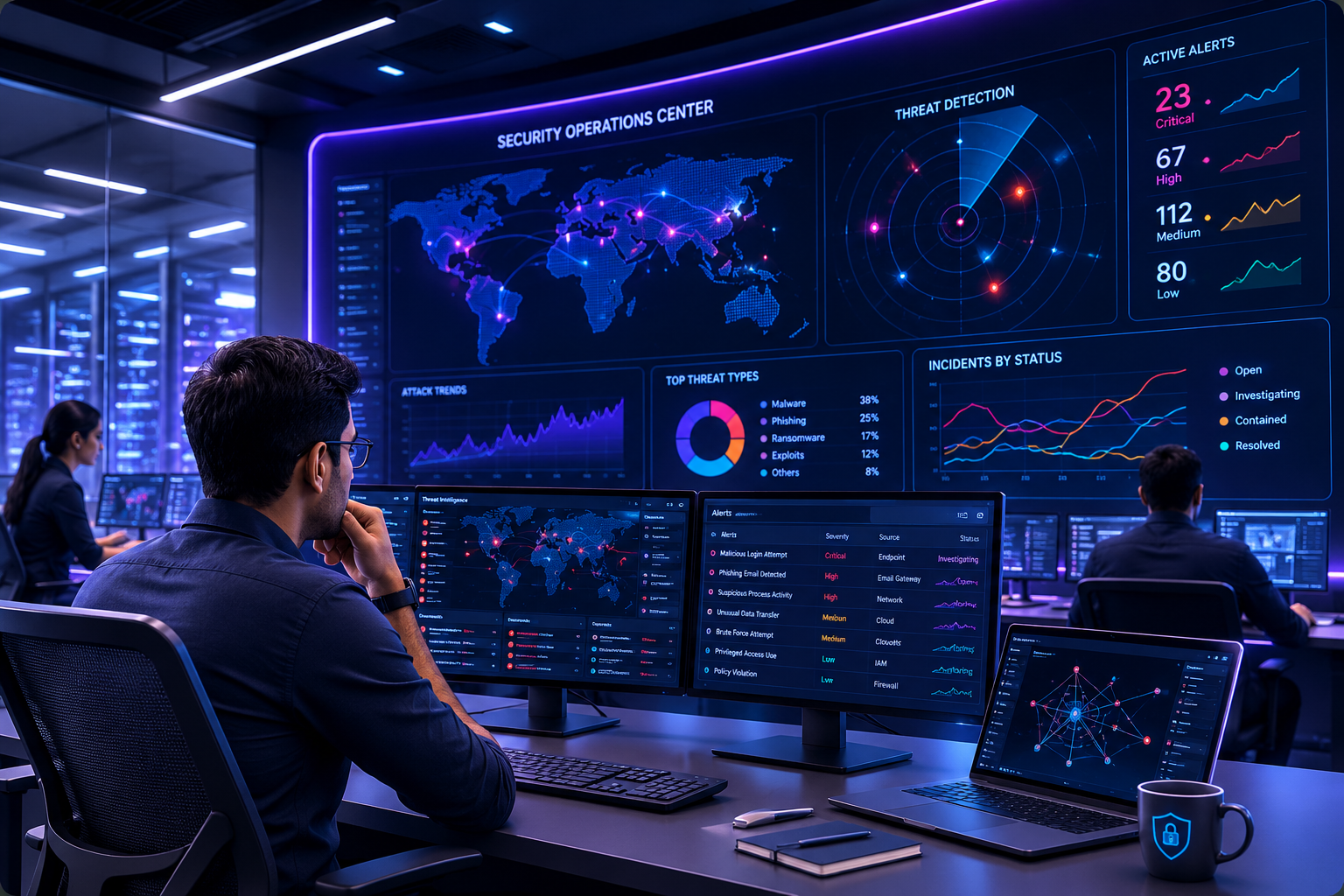 Security operations centre with analysts monitoring a global threat map and live alert dashboards