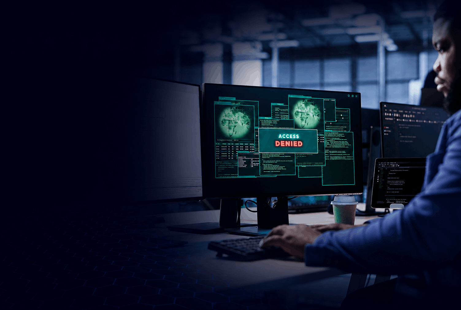 Cyber threat intelligence dashboard over a global threat map, showing threat data being collected, analysed, prioritised and acted on