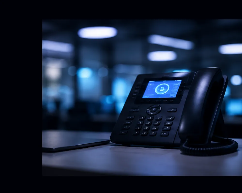 VoIP and SIP trunking artwork: enterprise IP desk phone with digital call routing overlay