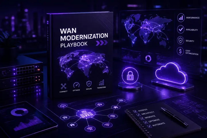 WAN Modernization Playbook cover beside network switches, a performance dashboard and a site topology showing the assess, architect, migrate, optimize and automate steps