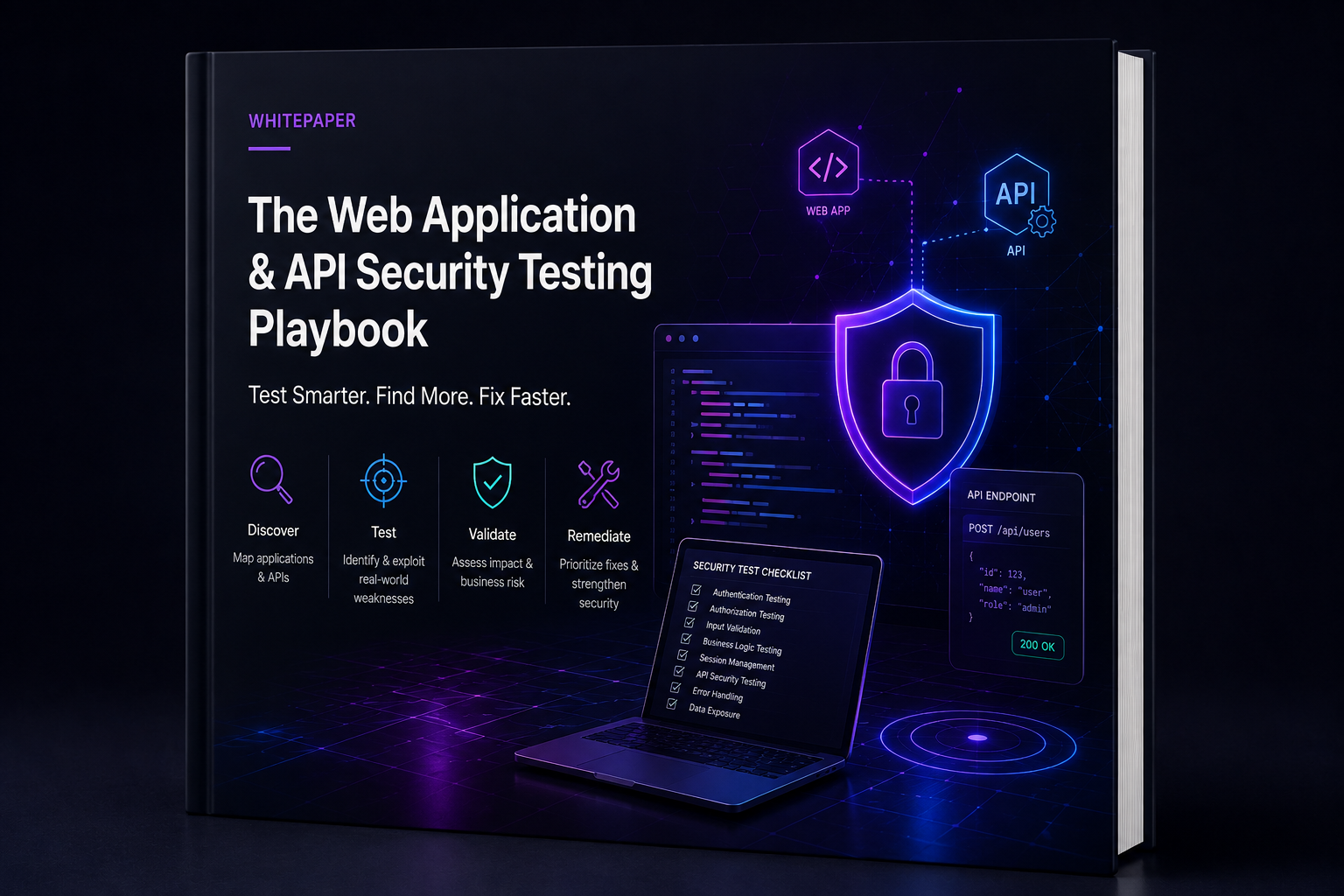 Cover of The Web Application and API Security Testing Playbook showing a web app and API protected by a shield beside a security test checklist