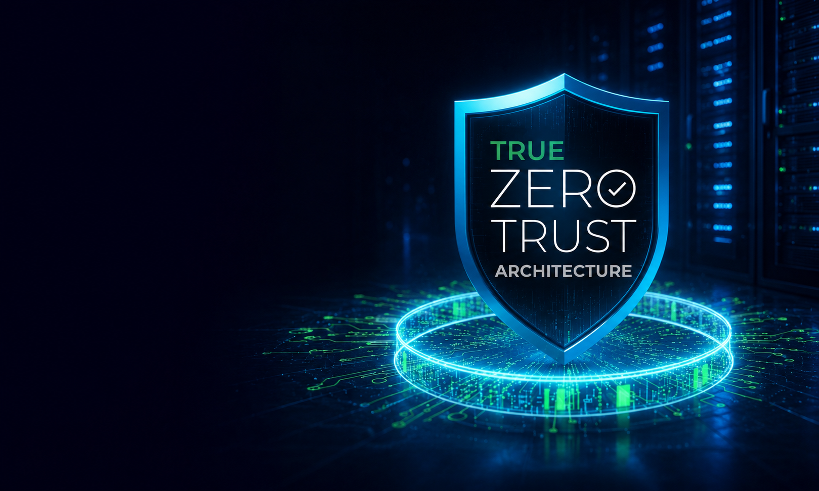 Illuminated shield emblem reading True Zero Trust Architecture, standing on a glowing circuit-board platform in an enterprise data centre