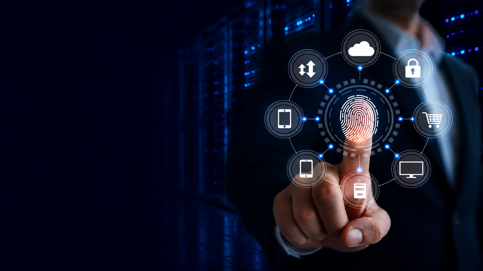 Enterprise user authenticating with a fingerprint to unlock secure access to cloud, applications, devices, documents and business systems inside a data centre