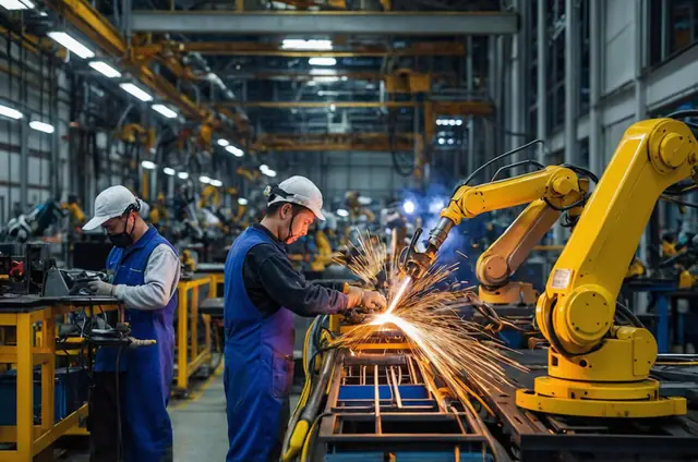 Welders and industrial robot arms on an automotive manufacturing line